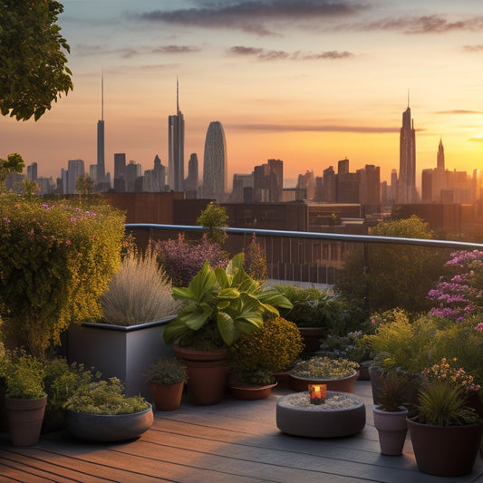 A serene rooftop garden scene with lush greenery, vibrant flowers, and a few potted trees, set against a backdrop of towering city skyscrapers with a subtle sunset glow.