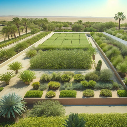 Aerial view of a lush, verdant rooftop garden in a hot desert city, with rows of thriving hydroponic plants, vibrant greenery, and sleek, modern trellises, set against a backdrop of sandy dunes and clear blue sky.