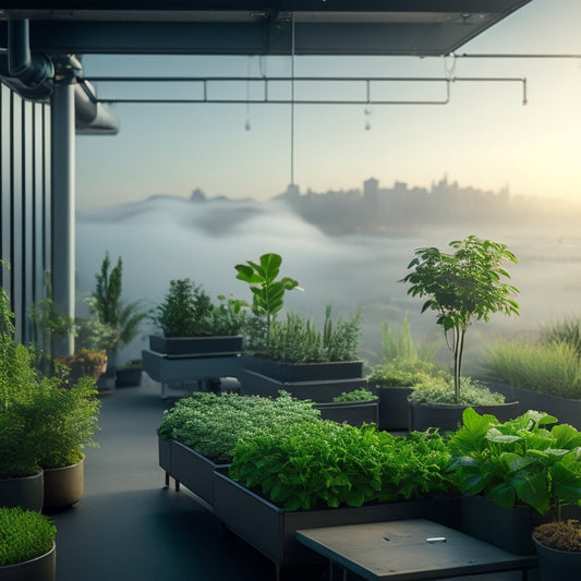 A serene rooftop hydroponic garden with lush green plants, misty fog rolling in, and a futuristic climate control system with sleek sensors, tubes, and LED lights in the background.