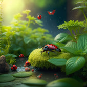 An illustration of a thriving vertical garden with lush green plants, visible water droplets, and a subtle mist effect, surrounded by a clean and well-maintained environment with a few strategically placed ladybugs.