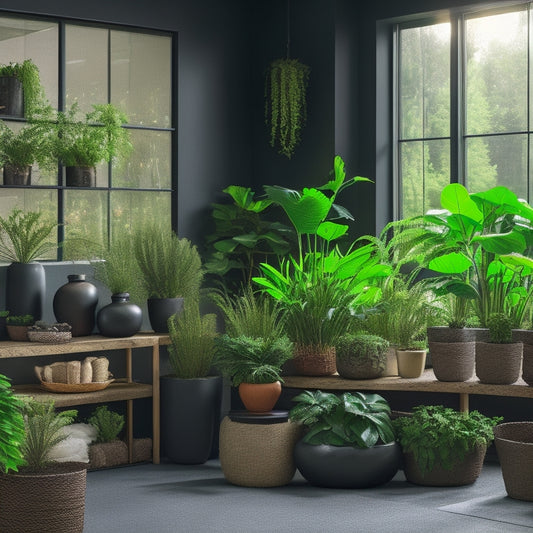 A serene, well-lit indoor space featuring 5-7 unique DIY planters with built-in self-watering systems, showcasing various materials, shapes, and sizes, surrounded by lush, thriving greenery.