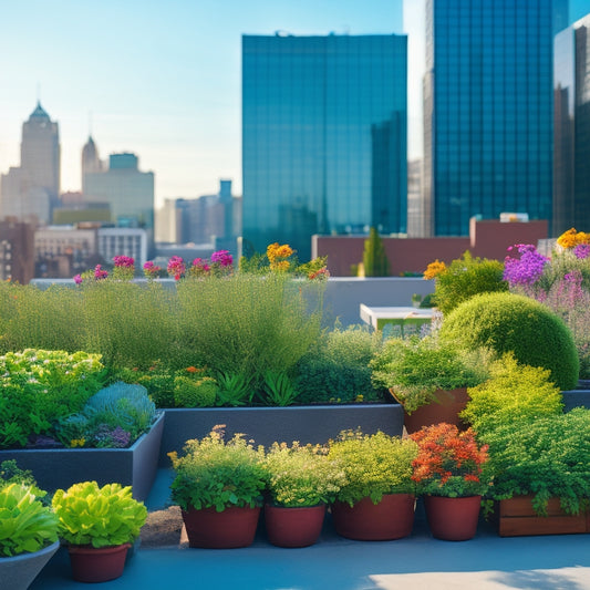 A serene rooftop garden scene with a mix of lush greenery, vibrant flowers, and succulents, set against a sunny blue sky with a few puffy white clouds, surrounded by sleek modern city buildings.