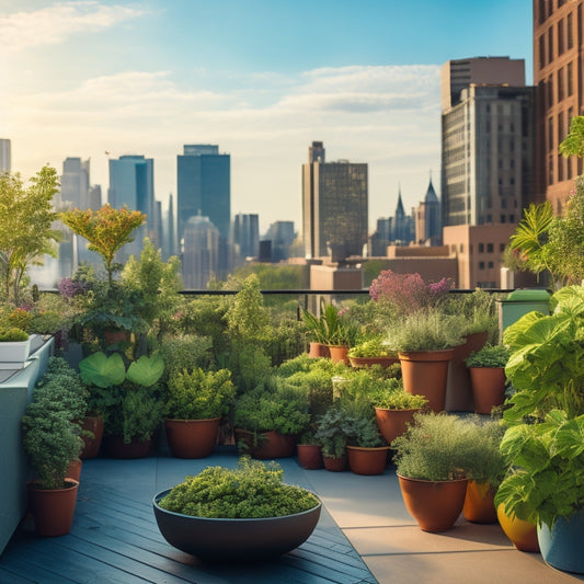 A rooftop scene with a lush, thriving hydroponic garden, featuring a variety of leafy greens and vibrant flowers, surrounded by sleek, modern planters and a trellis system, with a cityscape in the background.