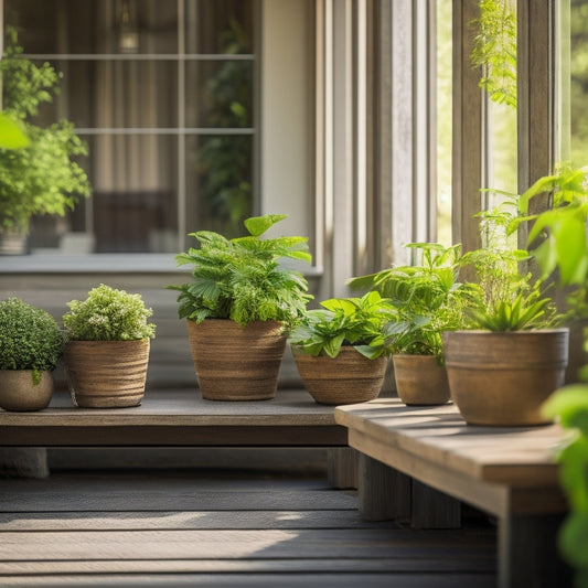 A serene porch scene featuring five small planters of varying sizes (6-12 inches) on a wooden bench, surrounded by lush greenery, with a wooden railing and a subtle sunny glow in the background.