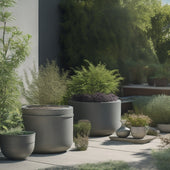 A serene outdoor setting with a few large concrete planters, one with a cracked surface, surrounded by lush greenery, with a watering can and a soft-bristled brush lying nearby, under a warm sunny sky.