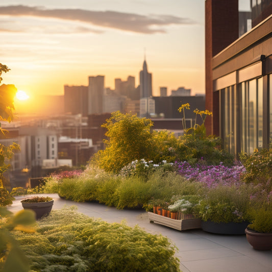 A serene rooftop scene with lush greenery cascading down a modern building's facade, featuring a mix of flowering plants, shrubs, and vines, with a subtle cityscape backdrop during golden hour.