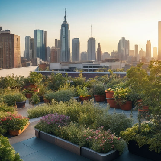 A serene rooftop garden with lush greenery, vibrant vegetables, and colorful flowers, surrounded by a bustling cityscape with skyscrapers and busy streets in the background.