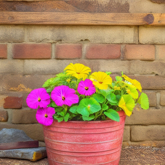 A whimsical, rustic wooden pallet planter overflowing with vibrant petunias and daisies, nestled beside a distressed metal bucket bursting with fresh mint, against a warm, weathered stone wall backdrop.