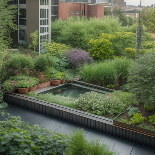 A serene rooftop garden with lush greenery, vibrant flowers, and a small pond, surrounded by a subtle mesh fence, with a few discreet yet effective pest control elements, such as copper tape and bird repellents.