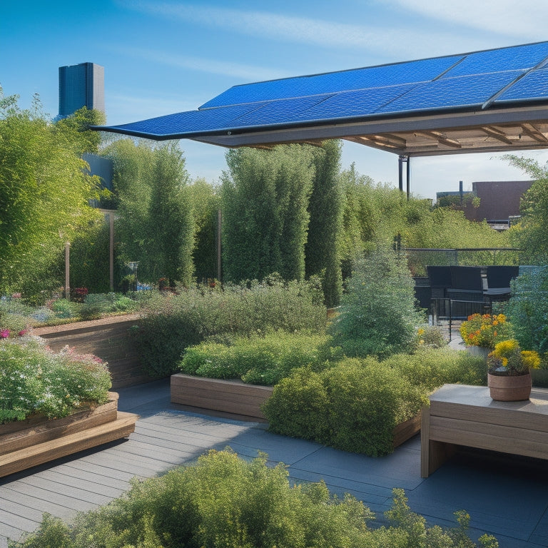 A serene rooftop garden with lush greenery, vibrant flowers, and a small seating area, featuring sleek, black solar panels seamlessly integrated into the garden's wooden trellis, amidst a clear blue sky.