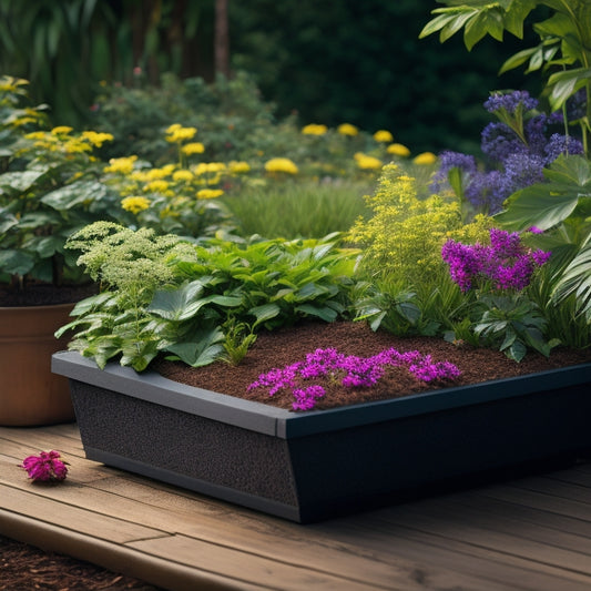 An illustration of a planter box with a layer of organic mulch and a path of stepping stones, surrounded by lush green plants, with a subtle hint of a person's foot in the background, avoiding the soil.