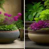 A split-screen image: on the left, a weathered planter with cracks and moss, surrounded by dry soil and wilting plants; on the right, a thriving planter with a glossy sealant, lush greenery, and vibrant flowers.