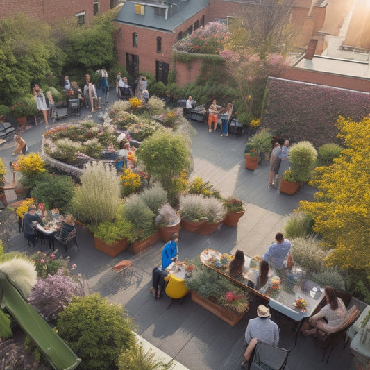 An aerial view of a lush rooftop garden bustling with diverse people of all ages, interacting and laughing together, surrounded by vibrant flowers, greenery, and eclectic outdoor furniture.