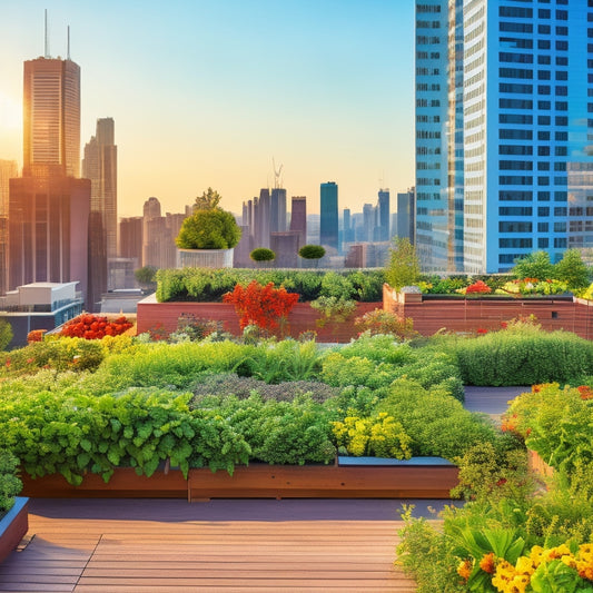 A rooftop garden with a mix of raised beds, planters, and trellises, overflowing with lush green vegetables and vibrant flowers, amidst a bustling cityscape with skyscrapers in the background.