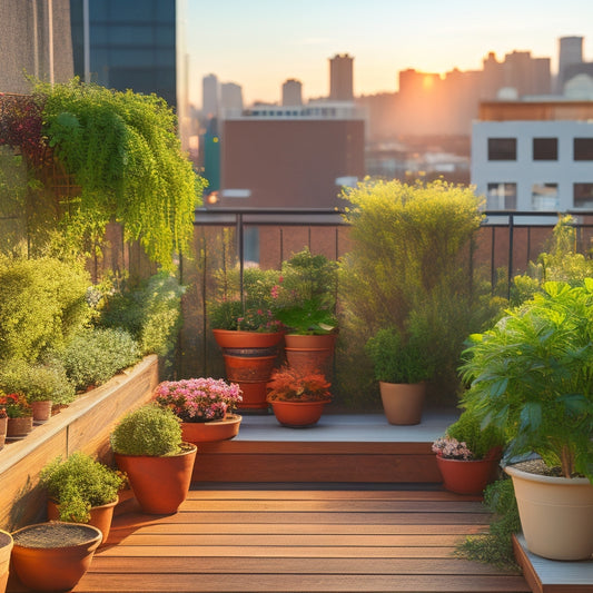 A serene rooftop garden with a mix of small potted plants, a trellis with climbing vines, and a DIY wooden planter box on a budget-friendly, rustic wooden decking surrounded by cityscape views.