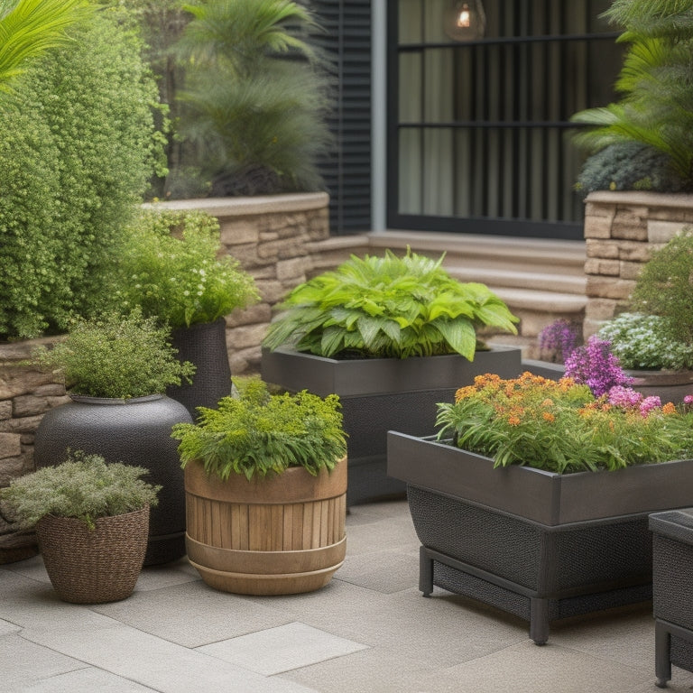 An outdoor patio scene featuring three unique DIY planter boxes with built-in seats, each with distinct shapes, sizes, and plant arrangements, set amidst lush greenery and natural stone flooring.