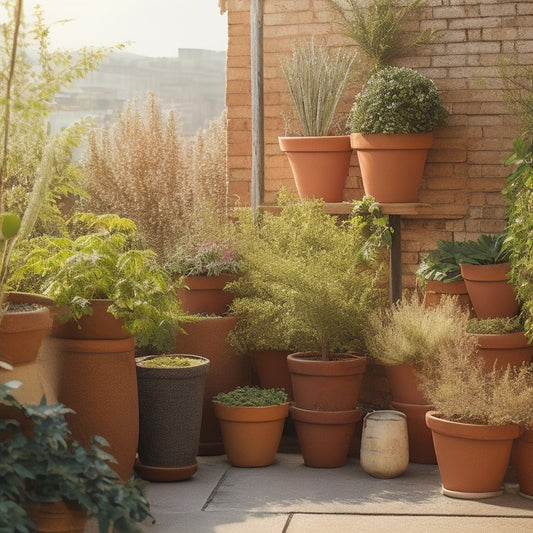 A serene, sun-drenched rooftop garden scene featuring a mix of vibrant, leafy herbs in terracotta pots, arranged artfully around a weathered wooden trellis adorned with delicate, climbing vines.