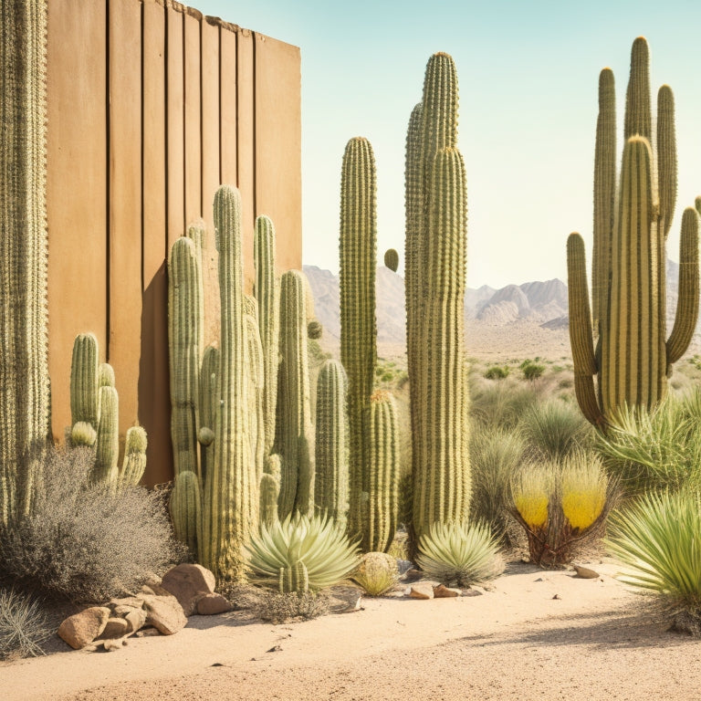 A serene, sun-drenched desert landscape with a thriving vertical garden wall in the foreground, lush greenery spilling over rusty metal trellises, surrounded by cacti and sand.