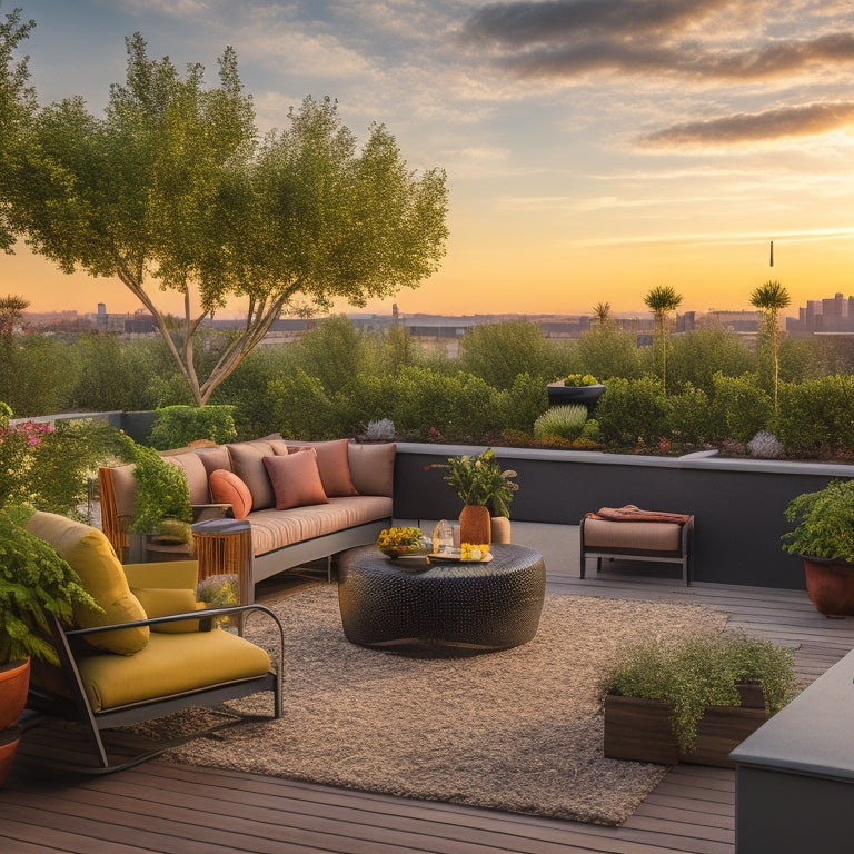 A serene rooftop oasis with lush greenery, vibrant flowers, and a statement tree, surrounded by sleek outdoor furniture and a modern pergola, set against a warm, golden sunset sky.