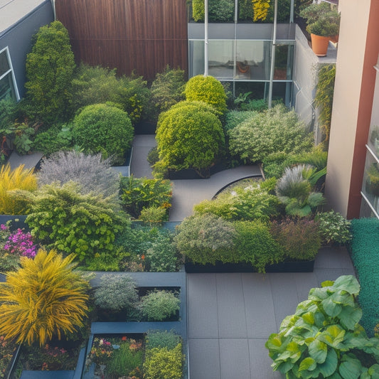 An aerial view of a rooftop garden with a modern, sleek, and space-saving vertical gardening system, featuring lush greenery, colorful flowers, and a trellis with climbing vines.
