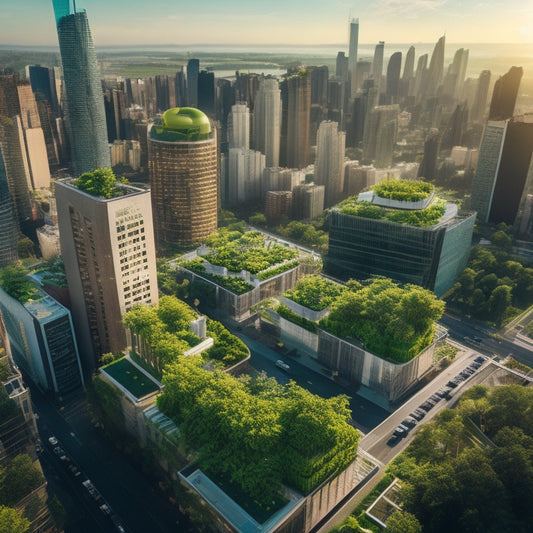 An aerial view of a cityscape with rooftops transformed into lush green spaces, featuring tiered planters, hydroponic systems, and trellises, surrounded by sleek skyscrapers and bustling city streets.