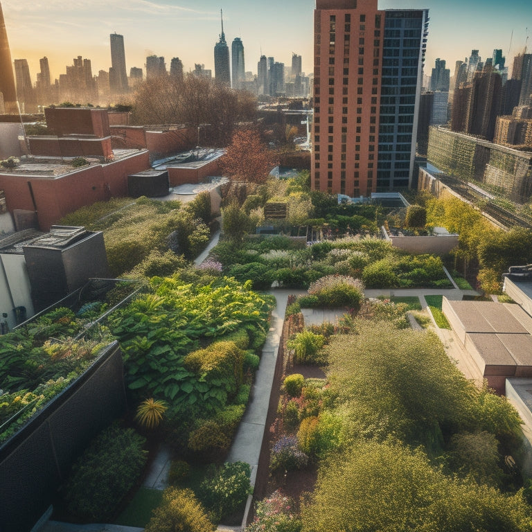 An aerial view of a thriving rooftop garden with lush green vegetables, vibrant flowers, and a few potted trees, surrounded by a sleek, modern cityscape with skyscrapers and busy streets.