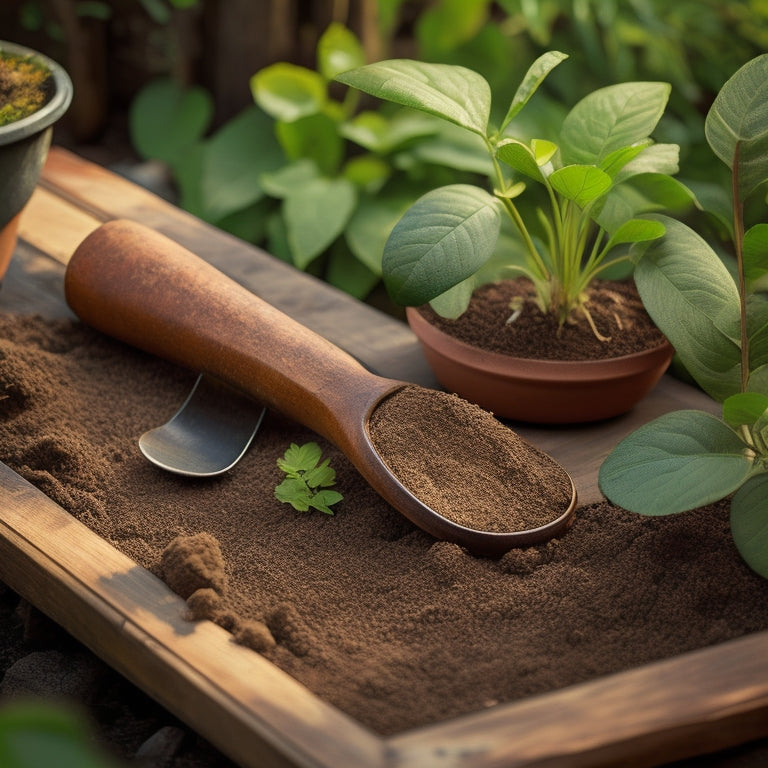 A worn, earth-toned trowel with a curved, rust-resistant blade and comfortable, contoured wooden handle rests on a weathered wooden planter, surrounded by lush greenery and scattered potting soil.