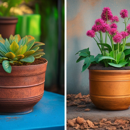 A split-screen image featuring a worn, rusted planter on the left and a vibrant, protected planter on the right, with a subtle gradient background and soft, natural lighting.