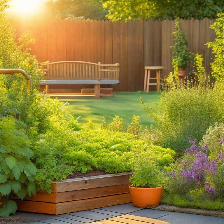 A serene, sun-lit garden with a wheelchair-accessible path, raised beds at a comfortable height, and vibrant, varied vegetables and flowers, with a subtle background of a wooden fence and lush greenery.