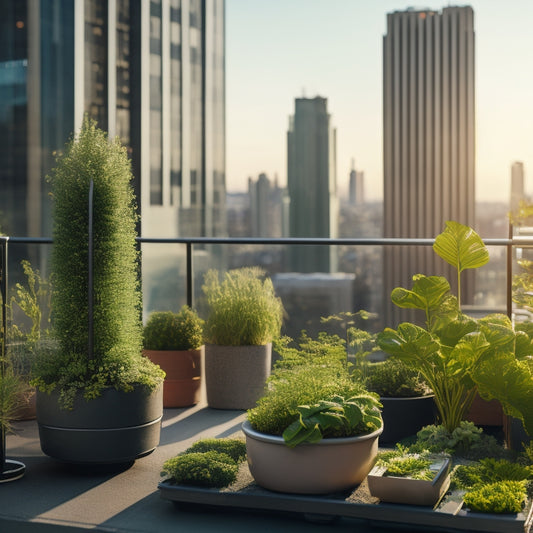 A serene rooftop garden scene with a compact hydroponic system, lush green plants, and a cityscape background, featuring a small, sleek, and modern growing tower with pipes and tubes.