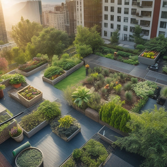 Aerial view of a rooftop garden with a step irrigation system, showcasing pipes, valves, and sprinklers amidst lush greenery, with a cityscape background and a few gardening tools scattered around.
