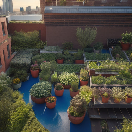 A vibrant, aerial view of a lush rooftop garden, with a mix of fruit and vegetable plants, surrounded by repurposed wooden planters and reclaimed metal trellises, amidst a cityscape backdrop.