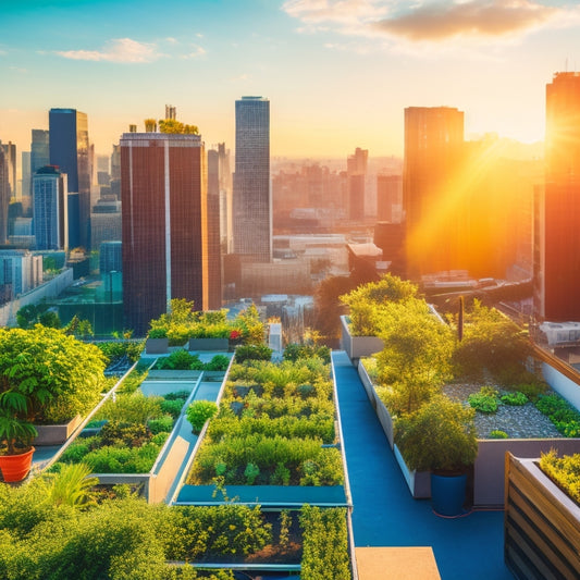 An aerial view of a lush, thriving rooftop garden, with rows of vibrant green hydroponic plants, sleek modern planters, and a cityscape backdrop, with sunlight casting a warm glow.