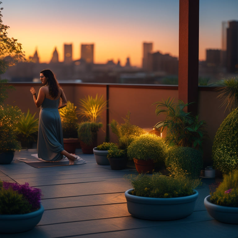 A serene urban rooftop garden scene at dusk, with lush greenery, twinkling string lights, and a solitary figure practicing yoga amidst potted plants and a cityscape backdrop.