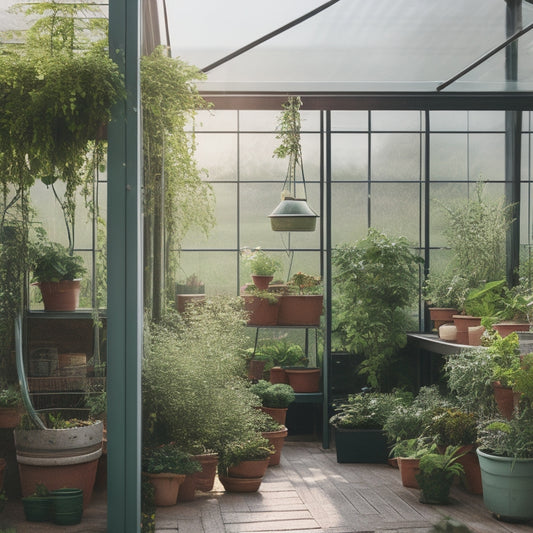 A serene rooftop greenhouse with a trellis system supporting climbing plants, raised beds with mixed vegetables and herbs, and a meandering path lined with small potted plants and a watering can.