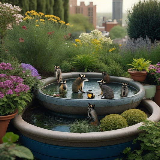 A serene rooftop garden with lush greenery, vibrant flowers, and a small pond, overrun with unwanted pests: a family of raccoons rummaging through planters, a squirrel stealing food from a bird feeder.