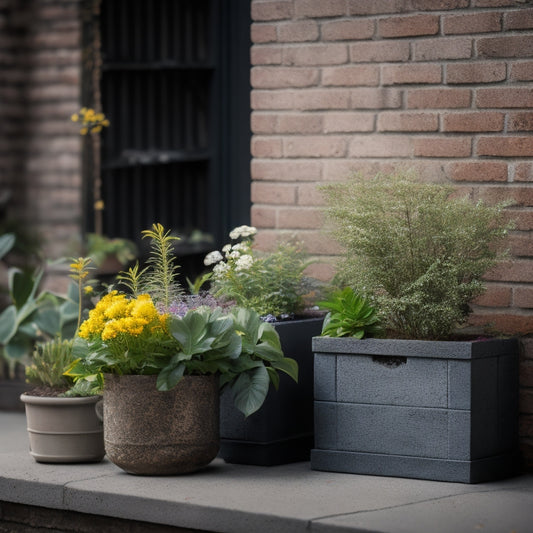A stylized, modern urban garden scene featuring a repurposed cinder block planter, filled with lush greenery and vibrant flowers, against a distressed brick or concrete backdrop, with subtle industrial accents.