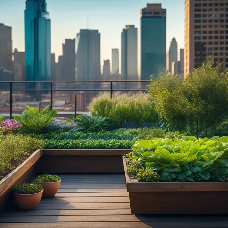 A serene rooftop garden with lush green vegetables and herbs thriving in sturdy, weathered-wood planters with rusted metal accents, surrounded by sleek cityscape skyscrapers in the background.