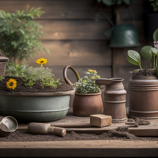 A horizontal composition featuring a wooden block planter in the center, surrounded by a trowel, gardening gloves, soil, small plants, and a watering can, all arranged in a harmonious, rustic setting.