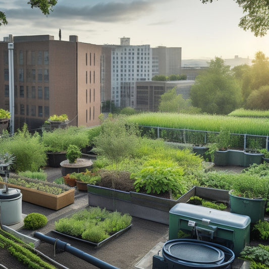 A rooftop garden with a newly installed irrigation system, showcasing a network of thin, black pipes and tubes, sprinkler heads, and a large water tank in the corner, surrounded by lush greenery.