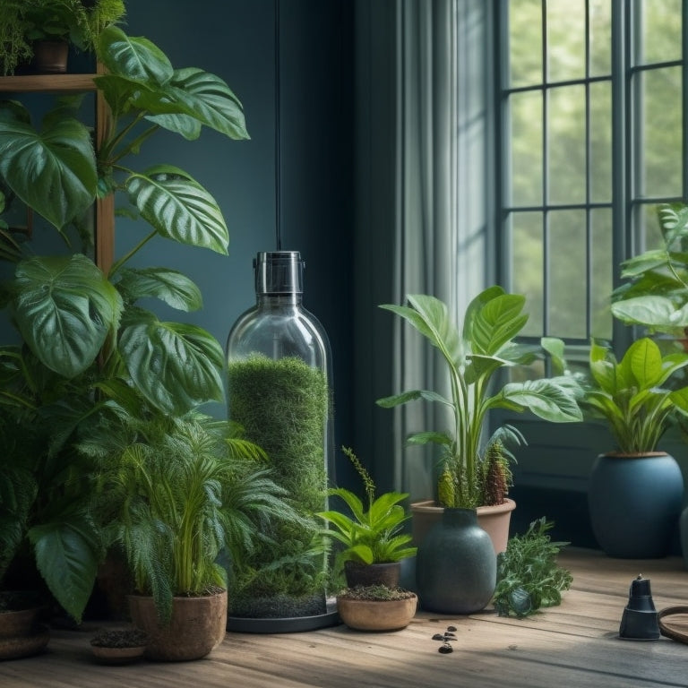 A serene indoor vertical garden with lush green plants, surrounded by a few subtle hints of pest control methods, such as a small ladybug on a leaf, a delicate neem oil spray bottle, and a tiny sticky trap in the corner.