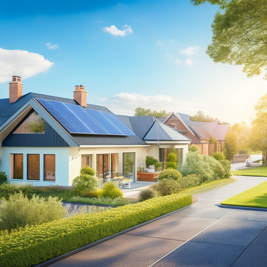 An illustration of a serene residential street with various roof types, featuring: a green roof with lush vegetation, a solar roof with sleek panels, and a roof with a functional skylight, all set against a clear blue sky with fluffy white clouds.