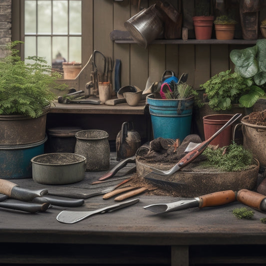 A cluttered workbench with a variety of gardening tools scattered around a partially disassembled outdoor planter, with a pruning saw, loppers, and gloves prominently displayed.