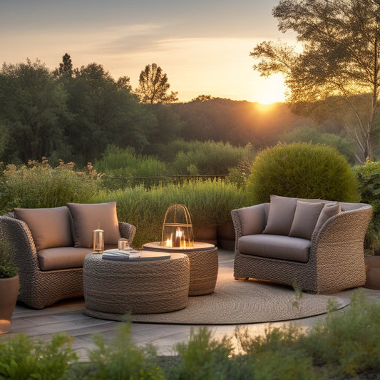 A serene outdoor seating area with a large cinder planter, approximately 24-36 inches in diameter, placed between two comfortable lounge chairs, surrounded by lush greenery and a warm sunset glow.