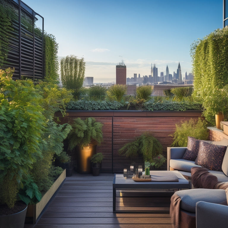 An urban rooftop with a lush, thriving vertical garden, featuring a trellis-covered wall with vines and flowers, surrounded by potted plants and a seating area with a cityscape in the background.