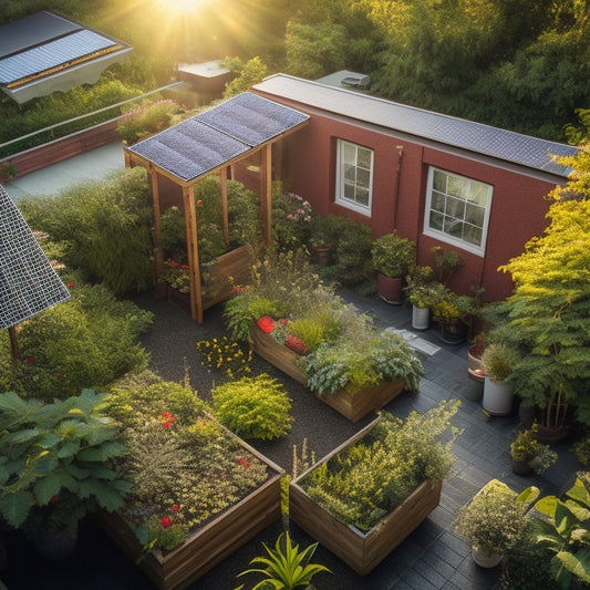 An aerial view of a lush rooftop garden with a mix of greenery, solar panels, and a small shed, surrounded by a thriving bee hotel and a winding trellis with climbing vines.
