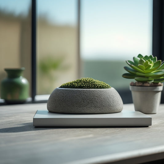 A minimalist, modern desk with a single, small concrete planter in the center, showcasing a small, lush green succulent, surrounded by scattered concrete aggregate and a few scattered leaves.