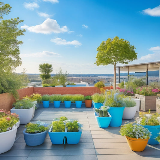 A serene rooftop garden scene with 3-4 self-watering planters of varying sizes, with built-in wheels and handles, surrounded by lush greenery and vibrant flowers, against a bright blue sky with a few puffy white clouds.