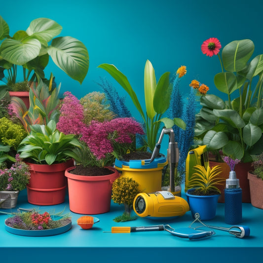 A colorful illustration of a planter surrounded by various pest control tools, including a miniature vacuum, neem oil spray, and sticky traps, amidst lush greenery and vibrant flowers.