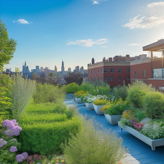 A serene rooftop garden with lush greenery and vibrant flowers, featuring a subtle network of thin irrigation tubes and discreet sensors, set against a bright blue sky with a few wispy clouds.
